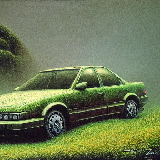 Image similar to hyper realistic painting of an abandoned JZX100 twin turbo covered with moss, an Australian summer landscape, by Zdzislaw Beksinski