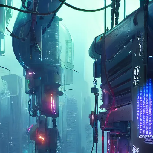 Prompt: cyberpunk jellyfishes, cables, futuristic hi-tech details, art by anthony macbain + greg rutkowski + alphonse mucha, concept art, 4k, sharp focus, cinematic unreal engine