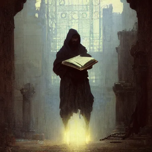 Image similar to half portait of magican wearing a closed cowl holding a big old book! with chains!! on his wrist, jeremy mann, jean leon gerome, alphonse mucha, greg rutkowski, hood covers his eyes, ( ( ruins of ancient rome ) ), at dusk, mysterious atmosphere, sunrays, dof, masterpiece, high detailed, 8 k