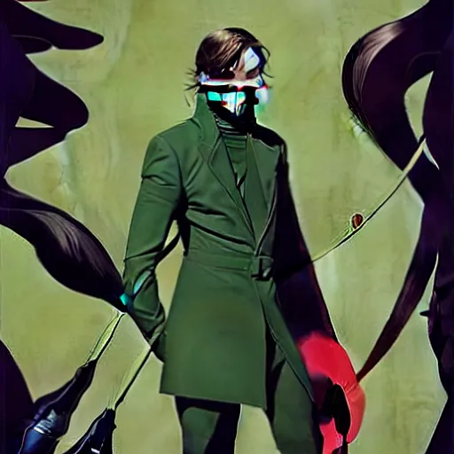 Image similar to Joshua Middleton comic art, wide shot, handsome elegant male Mads Mikkelson, spy, kabuki mask, beautiful evil sneer, symmetrical face, symmetrical eyes, leather clothing and boots, long straight green black hair, full body, Indigo occult pattern