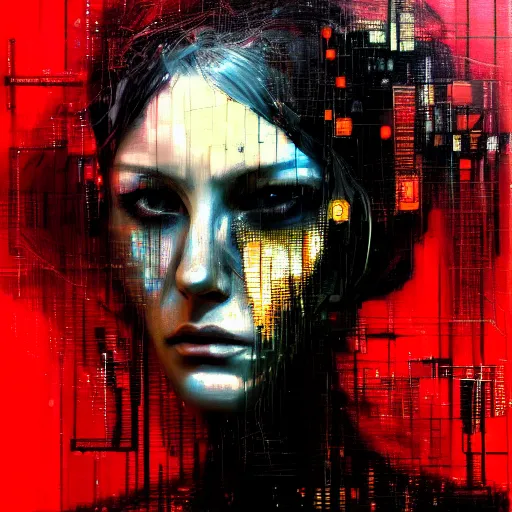 Prompt: hyperrealistic portrait of a mysterious cyberpunk woman, by Guy Denning, Johannes Itten, Russ Mills, glitch art, hacking effects, glitch effects, digital tech effects, cybernetics, detailed lings, chromatic, color blocking!, oil on canvas, octane, concept art, abstract, red color scheme, 8k, trending on artstation