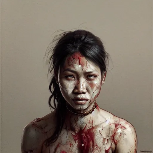 Prompt: portrait painting of a bloodied filipino female butcher, ultra realistic, concept art, intricate details, eerie, highly detailed, photorealistic, octane render, 8 k, unreal engine. art by artgerm and greg rutkowski and alphonse mucha