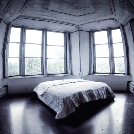 Image similar to very wide angle photograph of a cozy bedroom with a huge window designed by hr giger