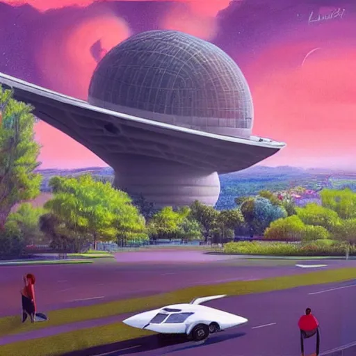 Image similar to Beautiful city of the future in harmony with nature, spaceship in the background. Nice colour scheme, soft warm colour. Beautiful painting by Lurid. (2022)