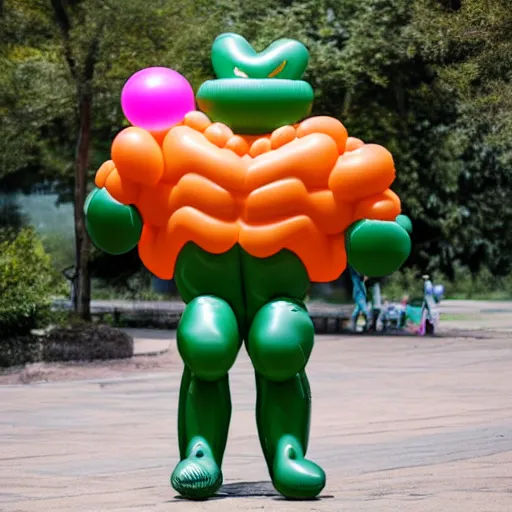 Image similar to balloon in the shape of a muscular man, muscle man made of balloon, inflated muscle, smooth muscle, rubber muscle, overinflated, tight rubber, about to burst