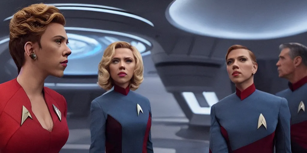 Prompt: incredible wide screenshot, Scarlett Johansson is captain of the Enterprise in the new Star Trek movie