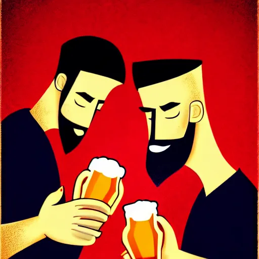 Prompt: two beautiful chad men drinking beer, red hearts, friendship, love, sadness, dark ambiance, concept by Godfrey Blow, featured on deviantart, drawing, sots art, lyco art, artwork, photoillustration, poster art