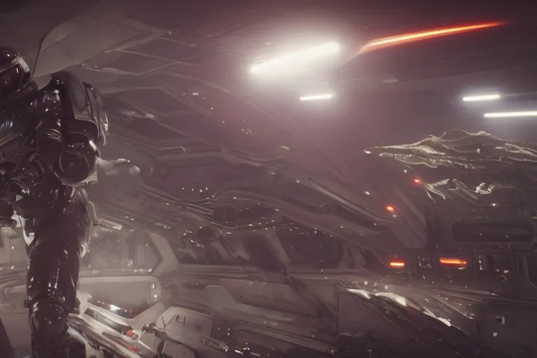 Image similar to VFX movie of a futuristic inhuman alien spacemarines in future spaceship, firing gun at space pirates detailed creature skin neon lighting by Emmanuel Lubezki