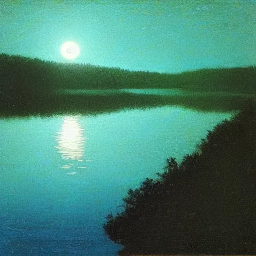 Image similar to moon light reflecting off of a winding river, arkhip kuindzhi painting, teal palette