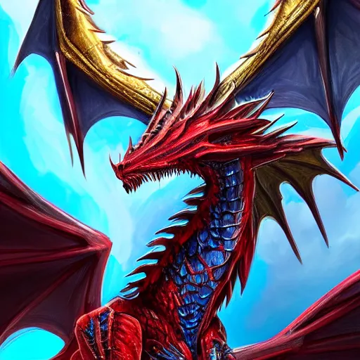 Image similar to a majestic dragon with azure blue eyes, iron claws, golden wings and scarlet red skin, hd, 4k, trending on artstation, award winning, 8k, 4k, 4k, very very very detailed, high quality digital art