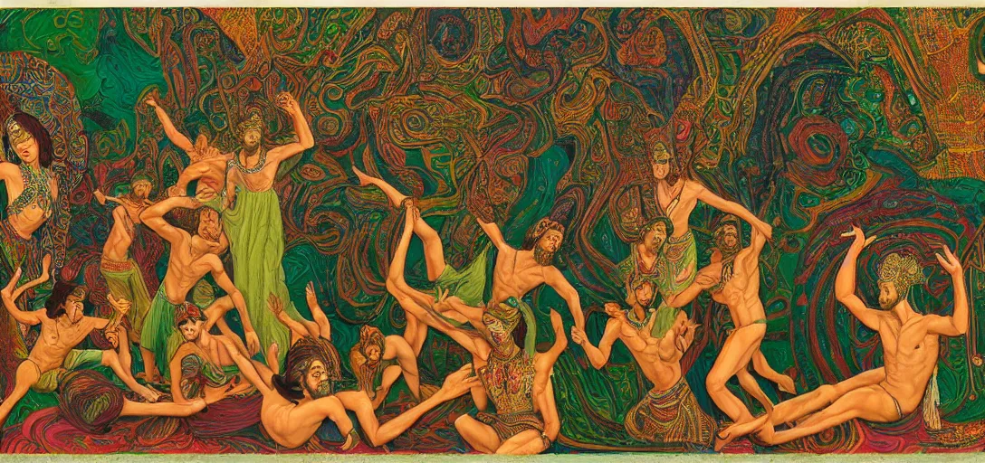 Prompt: an abstract spiritual background, multiracial greek gods dancing, green eyes. 2 4 mm, photorealistic, muted color scheme, directed by mati klarwein and mat collishaw