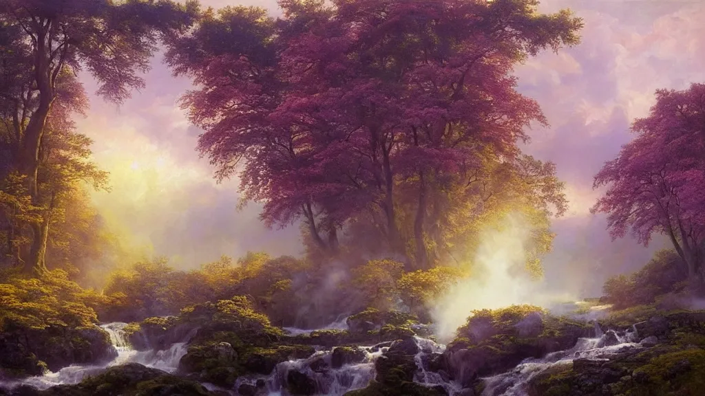 Image similar to the most beautiful panoramic landscape, oil painting, where a giant dreamy waterfall creates a river, the trees around are starting to bloom in pink, purple and yellow colors, a majestic deer is in close - up and it is under a giant tree while it is exhaling steam, the ray lights of the sunrise are brightening him, by greg rutkowski