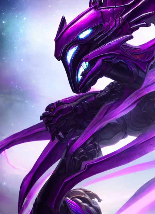 Image similar to cinematic goddess close shot, cosmic size beautiful stunning elegant hot giant robot mecha female dragon, sharp cyborg dragon head, metal ears, led glowing purple eyes, smooth fuschia skin, smooth silver armor, in space, epic proportions, macro, epic size, epic scale, furry art, dragon art, giantess art, warframe fanart, furaffinity, octane