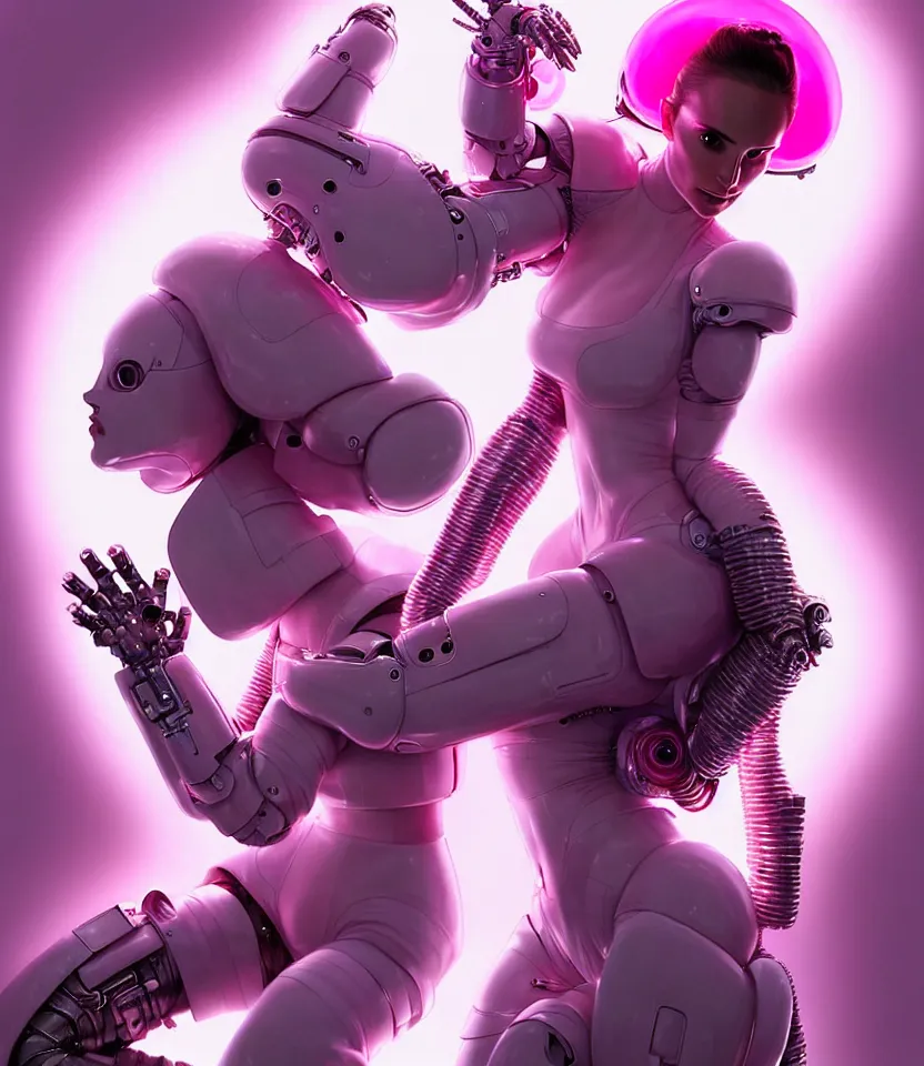 Image similar to beautiful fantasy character portrait of a natalie portman cyborg, wearing pink puffy bomber jacket with white fur, seductive reclining pose, lasers, ultra realistic, dramatic lighting, robots, the fifth element artifacts, highly detailed by peter mohrbacher, hajime sorayama, wayne barlowe, boris vallejo, aaron horkey, gaston bussiere, craig mullins
