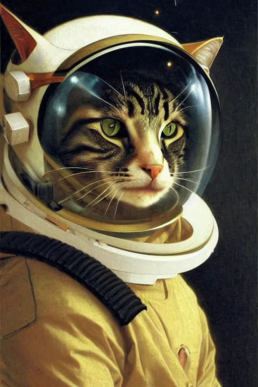 Image similar to portrait of a cat astronaut with japanese armor and helmet, majestic, solemn, by bouguereau