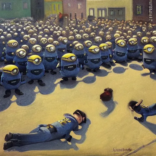 Prompt: the day to day life of the minions, realism movement painting by Christian Krohg