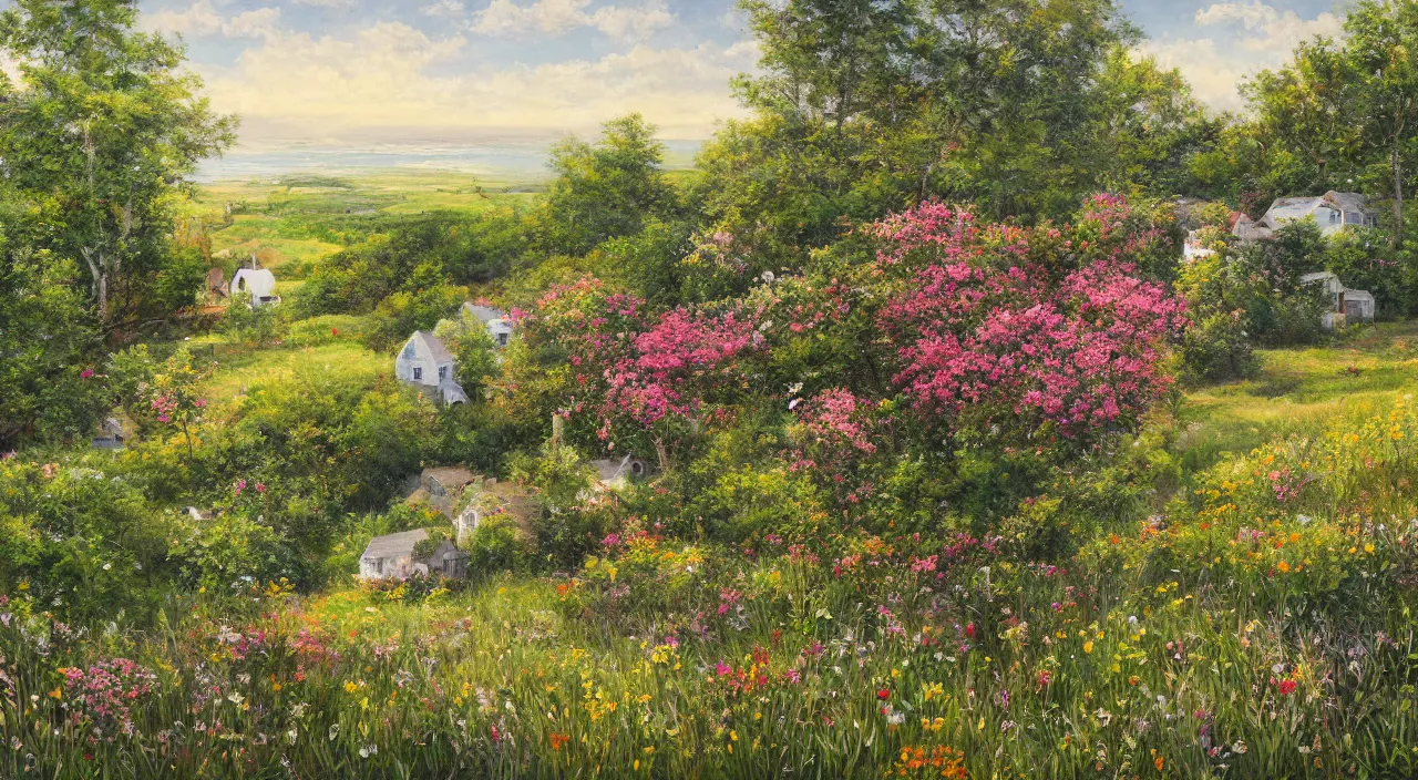 Image similar to A quaint townhouse in the wild and lush harsh bird filled cape cod woods in the middle of the summer on a memorable day. Resting on the hillside with a field of flowers in the foreground. Wildlife, love, and life fills the air and land in this landscape detailed photorealistic oil painting.