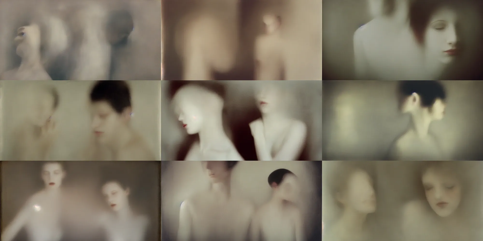 Prompt: out of focus new retro photorealistic portrait of beautiful aesthetic pale women and men by sarah moon, very blurry, translucent white skin, closed eyes, foggy