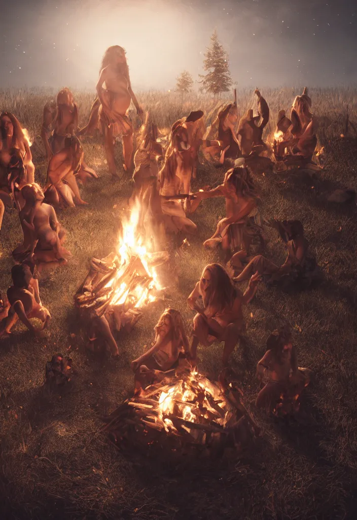 Image similar to realistic white tribe gather around a bonfire with a pregnant woman as her leader, proud people, sharp, antartic night, facinating, fantasy digital art, octane render, beautiful composition, trending on artstation, award - winning photograph, masterpiece
