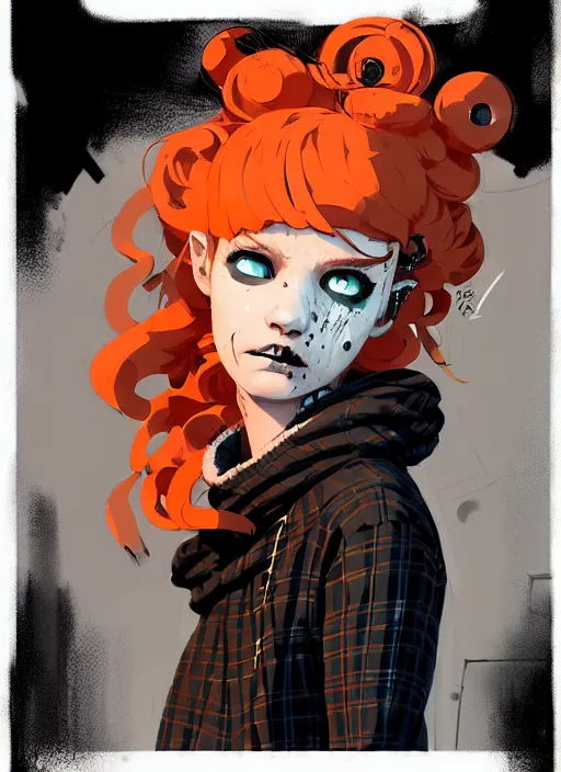 Prompt: highly detailed portrait of a sewer punk lady, tartan hoody, blonde ringlet hair by atey ghailan, by greg rutkowski, by greg tocchini, by james gilleard, by joe fenton, by kaethe butcher, gradient orange, black, blonde cream and white color scheme, grunge aesthetic!!! ( ( graffiti tag wall background ) )