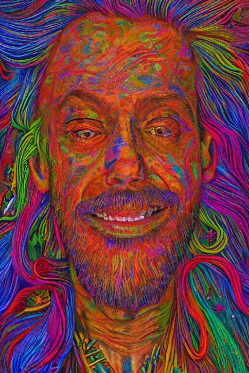 Prompt: a highly textured hyper detailed painting of a mystical man connected to his higher self in a spiritual psychedelic cosmos