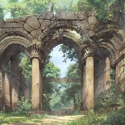 Image similar to concept art painting of an ornate ancient stone archway, in the woods, realistic, detailed, cel shaded, in the style of makoto shinkai and greg rutkowski and james gurney