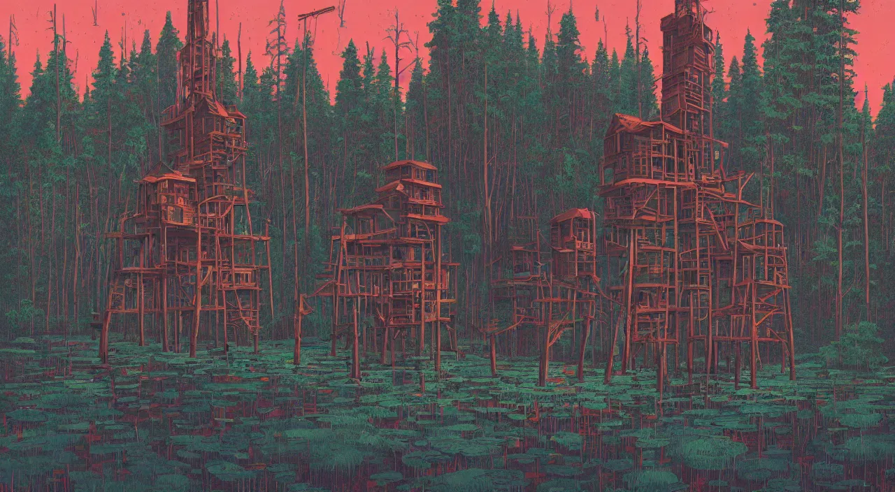 Prompt: single flooded simple wooden tower, very coherent and colorful high contrast ultradetailed photorealistic masterpiece by casey weldon simon stalenhag, dark shadows, sunny day, hard lighting