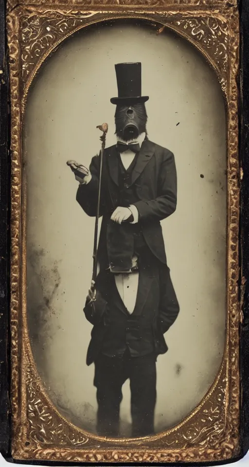 Image similar to a vintage tintype portrait of a dignified bigfoot wearing a top hat and carrying a cane