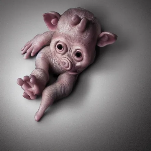 Prompt: a highly detailed realistic photographic render of a stillborn humanoid pig creature, stillborn, infant swine human hybrid, baby creature, creepy, horror, horror scene, cinematic horror, creepy horror, scary scene, cinematic lighting, cinematic scene, Volumetric lighting, Atmospheric scene, Dark, Horror, Atmospheric lighting, Global illumination, realistic, photo realism, hyper realistic, hyper realism, photo realisitc, cinematic render, film, beautifully lit, ray traced, octane 3D render, octane render, unreal engine