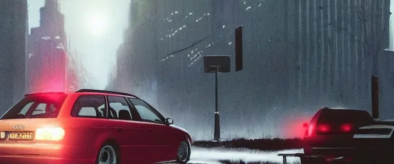 Prompt: Audi A4 B6 Avant (2002), a gritty neo-noir, simon stalenhag, Max Payne (PC) (2001) winter new york at night, dramatic bright lighting, cinematic, establishing shot, extremely high detail, photorealistic, cinematic lighting, artstation, by simon stalenhag, dark night, bright lights, eldritch horror, dark blue filter