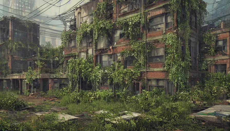 Image similar to Abandoned Building Overgrown by beautiful plants, Dystopian Slum, Hyperrealism, Hyperdetailed, Intricate Details, Anamorphic Lens, Cinematic Lighting, Volumetric Lights, Raytracing Reflections, Unreal Engine 5