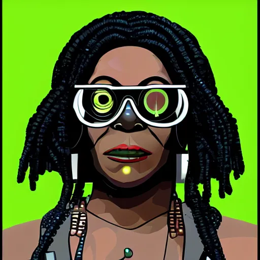 Image similar to cyberpunk robotic whoopi goldberg, sharp lines, digital, artstation, colored in