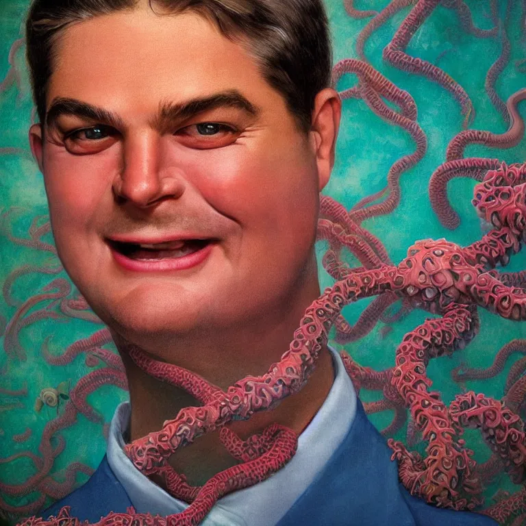 Prompt: Hyperrealistic intensely colored close up studio Photograph portrait of deep sea bioluminescent Congressman Matt Gaetz, symmetrical face realistic proportions eye contact, Grinning in a coral reef underwater tentacles barnacles, award-winning portrait oil painting by Norman Rockwell and Zdzisław Beksiński vivid colors high contrast hyperrealism 8k