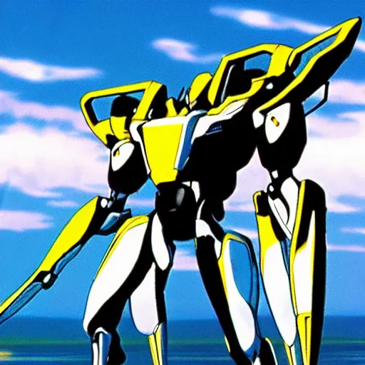 Prompt: 90's anime still shot of zone of the enders mech floating over a lake at midnight