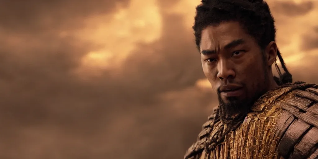 Image similar to a film still of a light skinned black man starring as an ancient samurai in a japanese blockbuster film, in a realm of fire, shallow depth of field, cinematic, award winning cgi, vfx, film still