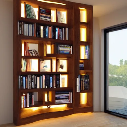 Image similar to wooden bookshelves with led strip lights, homes and gardens, super detailed render,