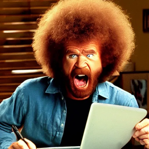 Image similar to angry bob ross screaming at his laptop