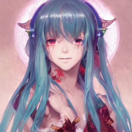 Image similar to clear portrait of anime girl hatsune miku, which is drowned in water, water, light effect, anime style hyper detailed, illustration, bloody, intricate, elegant, digital painting, artstation, smooth, sharp focus, art by artgerm and greg rutkowski and alphonse mucha.