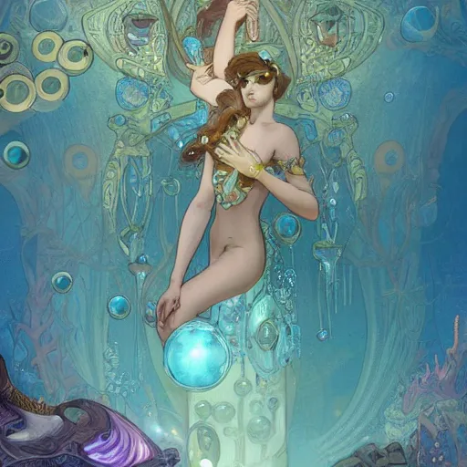 Image similar to a beautiful stunning fantasy whimsical matte digital storybook painting of the underwater city of Atlantis, art nouveau, bubbles splash shells fish details, pastel color palette, by Alphonse Mucha and Tyler Edlin, trending on artstation hq