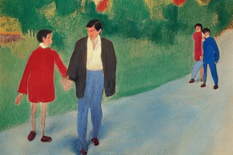 Image similar to a tall man with dark hair holding the hands of a small boy with dark hair as they walk down a suburban highway on a bright beautiful colorful happy day. part in the style of an edgar degas painting. part in the style of david hockney