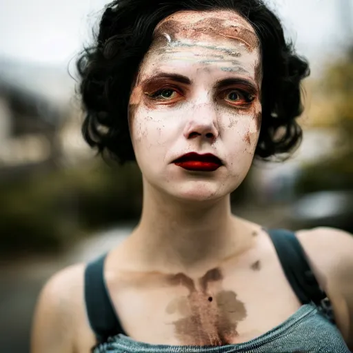 Prompt: Beautiful elegant female with smudged face, cosplaying as the Fallout 4 sole survivor, photographed on a slight overcast day on dilapitated street on Ikeshima island, Nikon D7100 with a Nikon 50mm F1.8, a Nikon 85mm F1.8, Golden hour, expressive face,