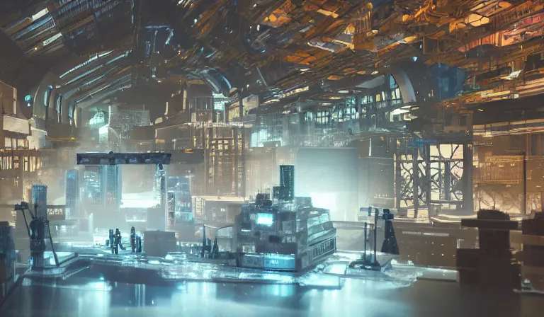 Image similar to group of people in simple warehouse, looking at hologram of futuristic city on a table, cinematic concept art, godrays, golden hour, natural sunlight, 4 k, clear details, tabletop model buildings, center model buildings, hologram center, crane shot, crane shot, crane shot