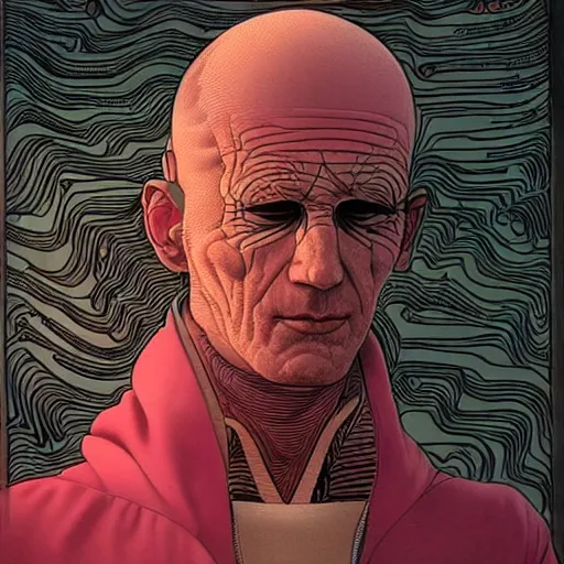 Prompt: moebius portrait of a zen EEG meditator, cyberpunk science fiction, ultra detailed nostalgic facial expression somewhere between pain and love, electrodes on scalp, incredible illustration