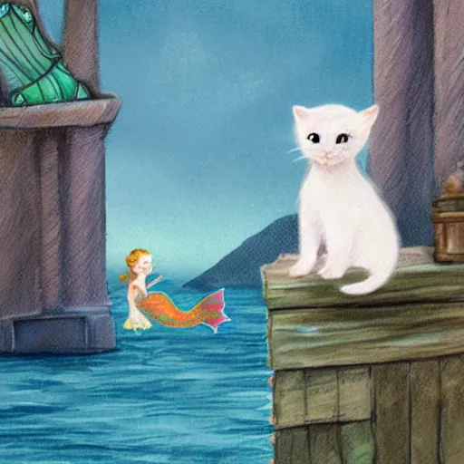 Image similar to a mermaid at the wharf in San Francisco meets a small white kitten, fantasy illustration,