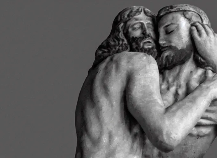 Prompt: Jesus christ huging a crying man, realistic, canon 10s camera