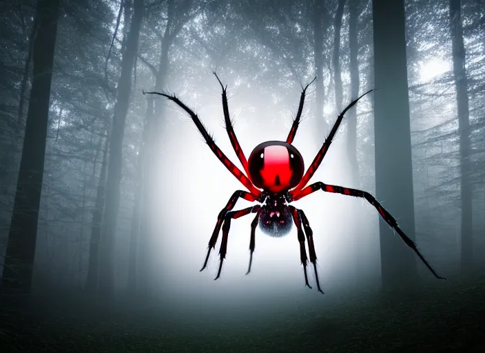 Image similar to white crystal clear spider with huge red eyes, in a foggy glowing forest. highly detailed 8 k. intricate. lifelike. soft light. fantasy horror style. cinematic post - processing, dof.