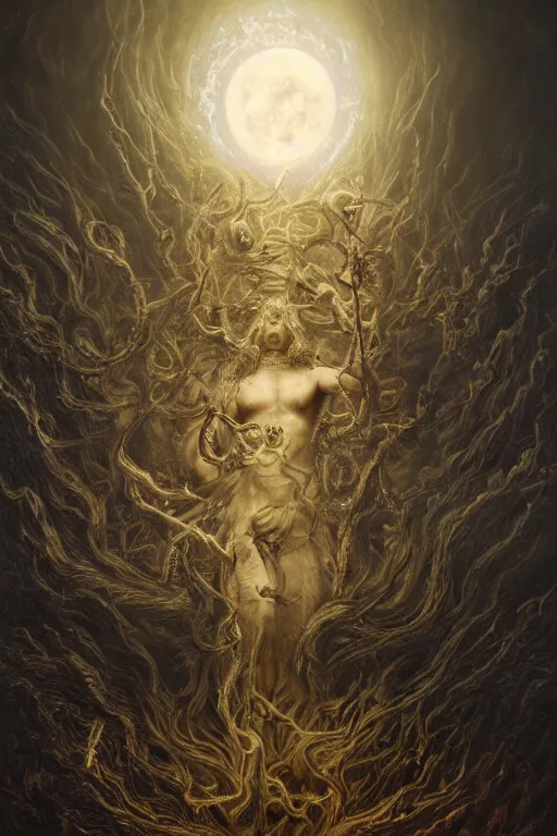 Image similar to Intricate stunning highly detailed deity by agostino arrivabene, Greg Rutkowski , surreal, digital painting, ultra realistic, Horror vacui, beautiful lighting, full moon, ravens, thick black swirling smoke tornado, burning fire embers, artstation