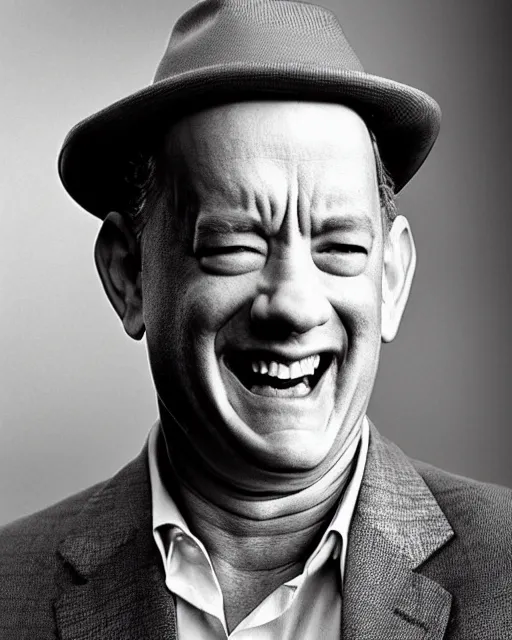 Image similar to tom hanks laughing, hyper realism, high detail, extremely detailed, very sharp, award winning photoin the style of mary ellen mark