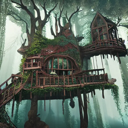 Prompt: underwater tree house, full - body : : symmetrical, eerie, insanely detailed, hypermaximalist, elegant, hyper realistic, super detailed, pastel colors, cinematic, unreal engine, 8 k,