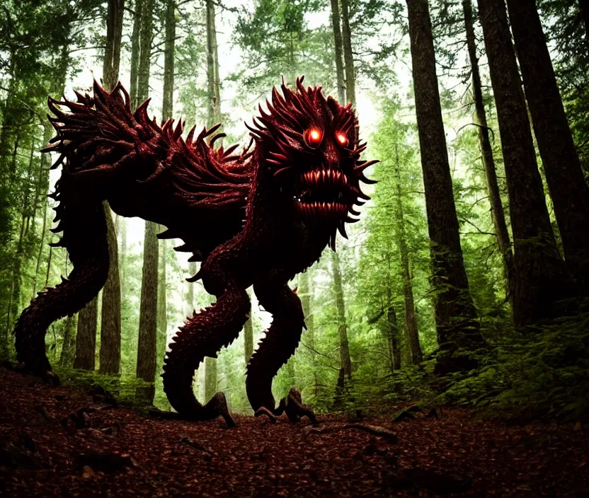 Prompt: wide angle dslr photograph of a very hairy demogorgon, standing in a forest clearing, epic cinematic lighting, lifelike image